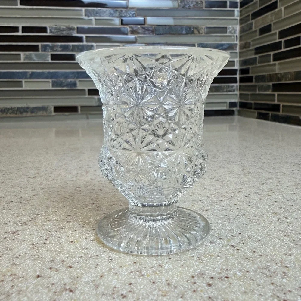VTG Clear Pressed Glass Pedestal Toothpick Holder Starburst Pattern 2.5